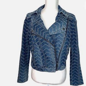 Free People Womens Moto Jacket Size 6 Textured Blue Denim